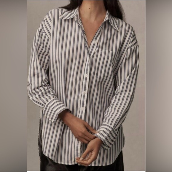 Maeve Tops - Maeve by Anthropologie The Bennet Navy and White Striped Button Down Shirt